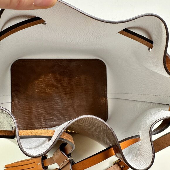 Dooney & Bourke Leather Drawstring Bucket Shoulder Bag Brown/Cream - Picture 12 of 14